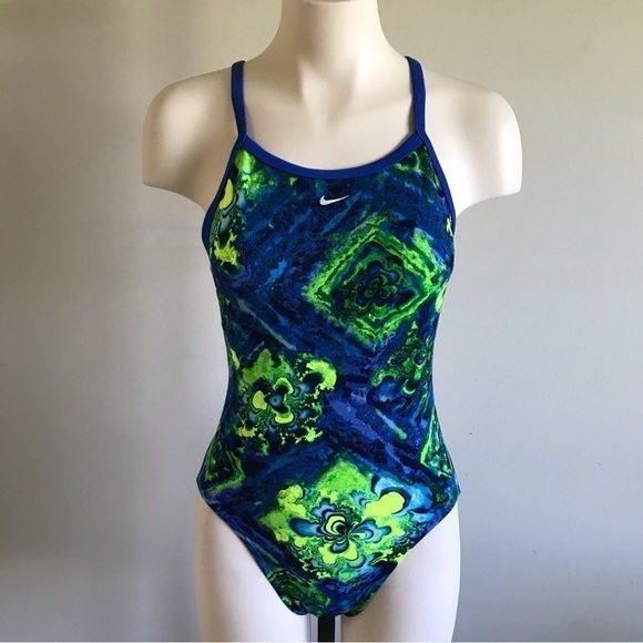 90s Vintage Nike One Piece Bathing Swim Suit Blue Neon Green Size Small - Picture 1 of 9
